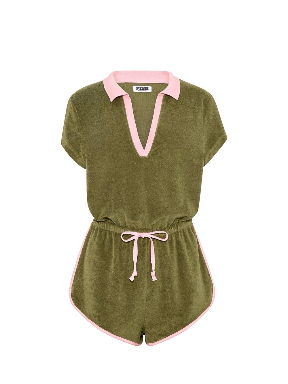 PINK Victoria's Secret Olive Green Terry Henley Romper with Pink Trim